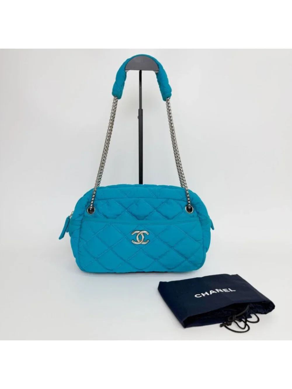 Chanel Bubble Quilt Chain Shoulder Bag Cotton Turquoise Blue Silver Seal Vintage